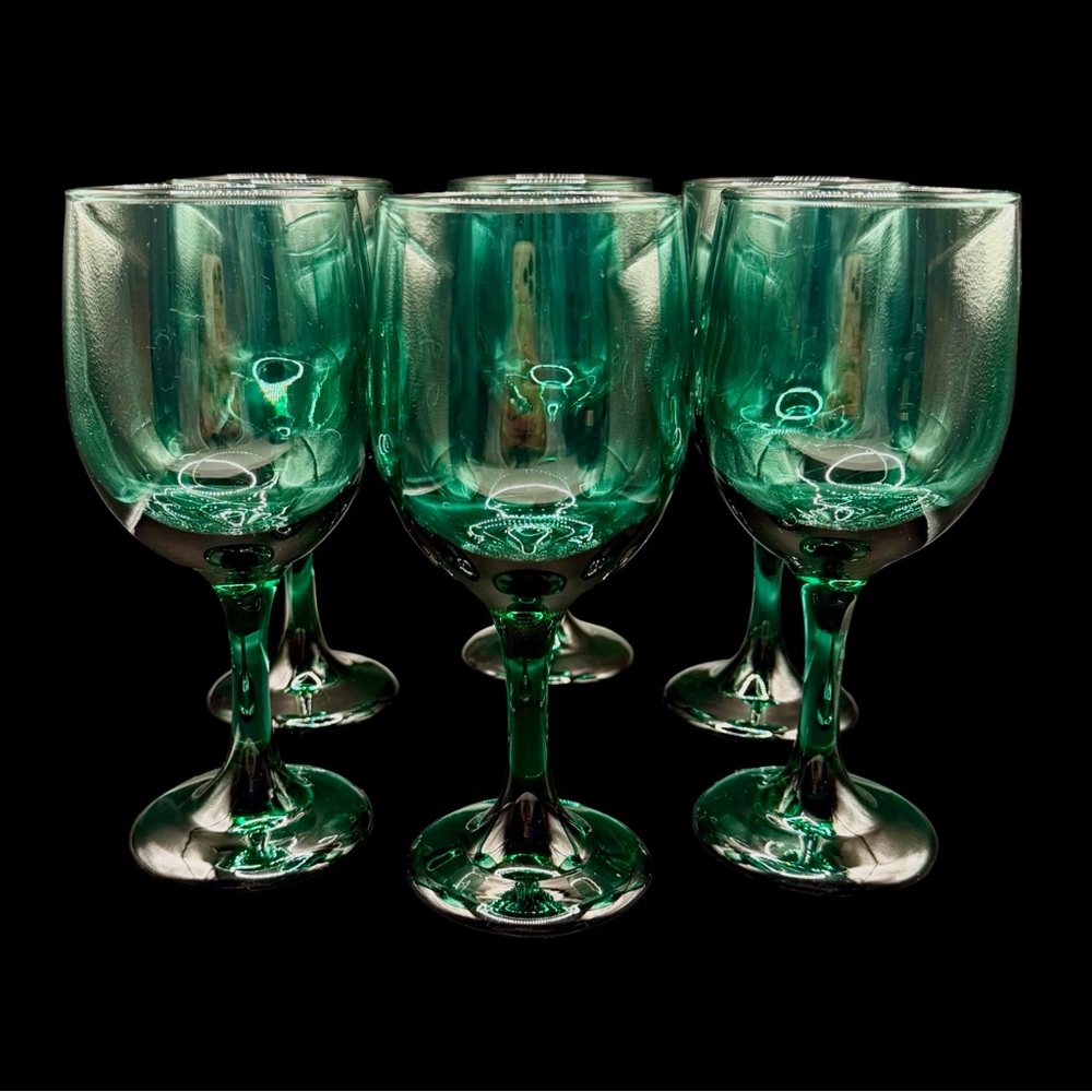 Vintage Libbey Juniper Green Water Goblets -‎ 7" Teardrop Stem Set of 6